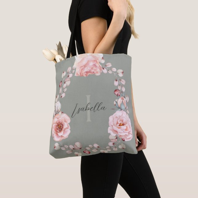 Watercolor Rose Wreath Personalised | Sage Green Tote Bag (Close Up)
