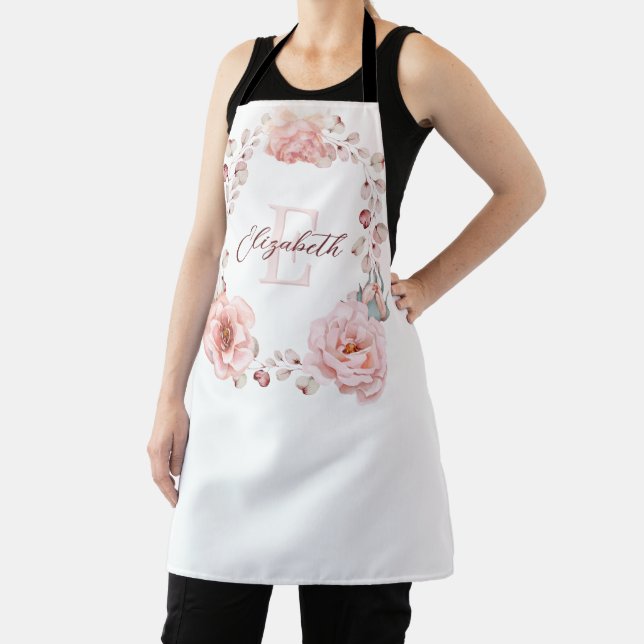 Watercolor Rose Wreath Personalised | White Apron (Insitu)