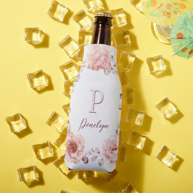 Watercolor Rose Wreath Personalised | White Bottle Cooler (In Situ Summer)