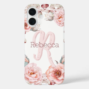 Watercolor Rose Wreath Personalised White iPhone 16 Case