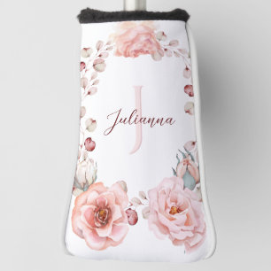 Watercolor Rose Wreath Personalised   White Golf Head Cover
