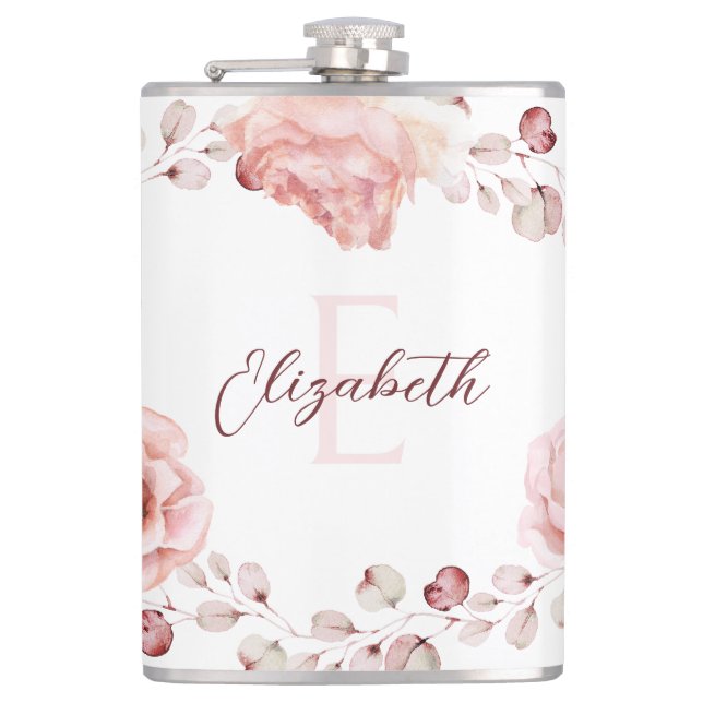 Watercolor Rose Wreath Personalised | White Hip Flask (Front)