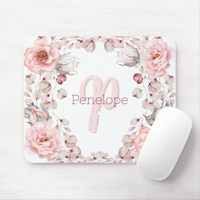 Watercolor Rose Wreath Personalised | White Mouse Pad (With Mouse)