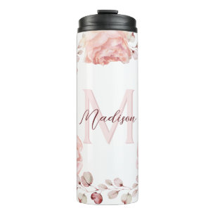 Watercolor Rose Wreath Personalised   White Thermal Tumbler