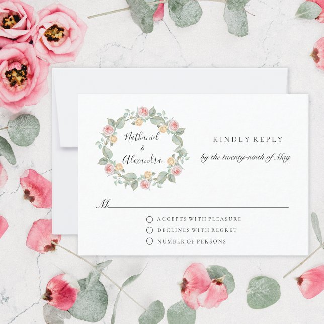 Watercolor Rose Wreath Summer Wedding RSVP Card (Creator Uploaded)