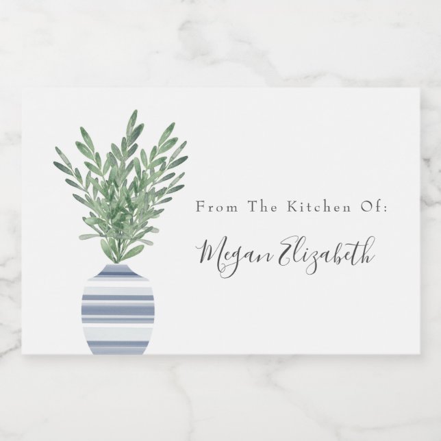 Watercolor Rosemary & Blue Striped Vase  Food Label (Single Label)