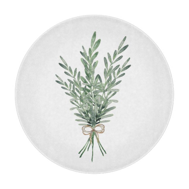  Watercolor Rosemary Bouquet with Jute Bow Cutting Board (Front)