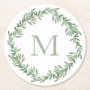 Watercolor Rosemary Wreath Round Paper Coaster