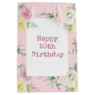 Watercolor Roses 50th Birthday Medium Gift Bag