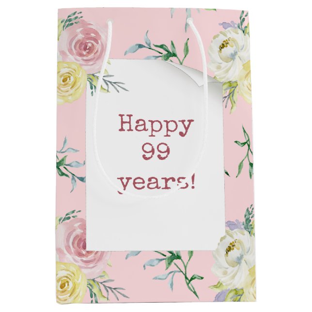Watercolor Roses 99th Birthday Medium Gift Bag (Front)