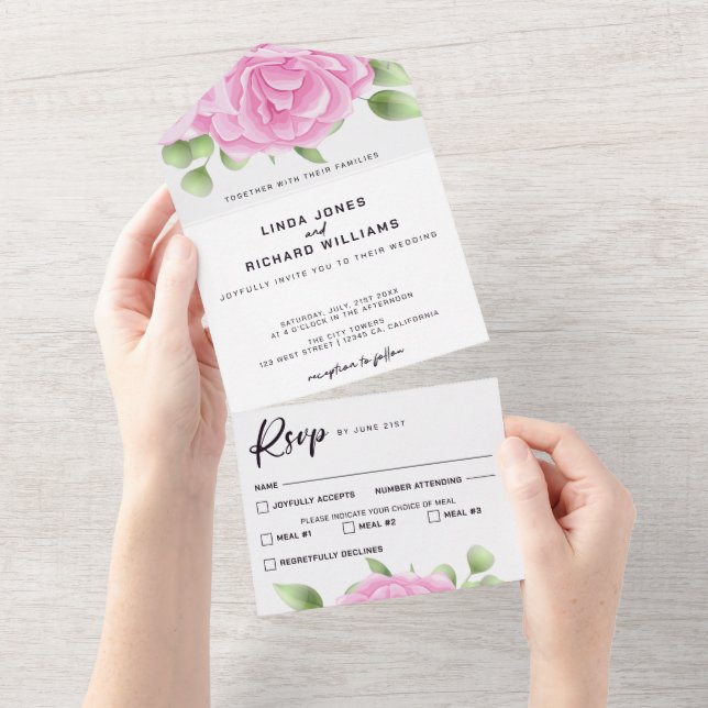 Watercolor Roses All in One Wedding Invitation (Tearaway)