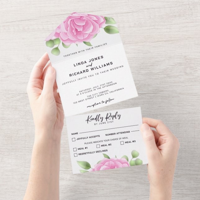 Watercolor Roses All in One Wedding Invitation (Tearaway)