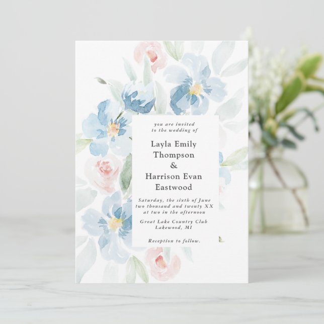 Watercolor Roses and Blue Wedding Invitation (Standing Front)