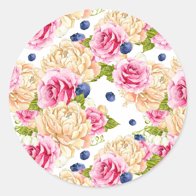 Watercolor Roses and Blueberries Pattern Botanical Classic Round Sticker (Front)