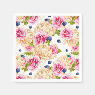 Watercolor Roses and Blueberries Pattern Botanical Napkin