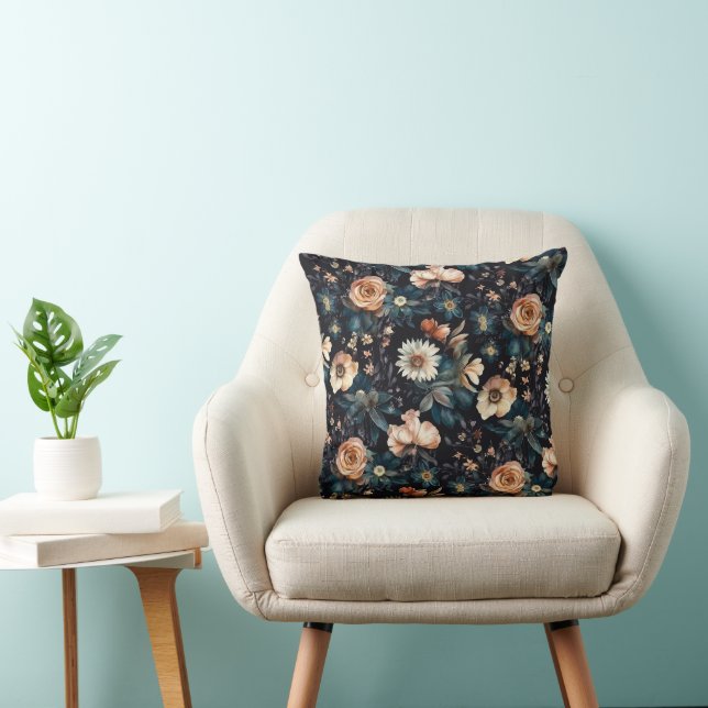 Watercolor Roses and Florals on Black Background Cushion (Chair)