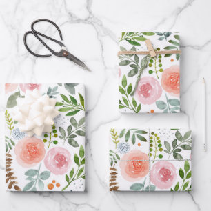 Watercolor Roses and Greenery Leaves  Wrapping Paper Sheet