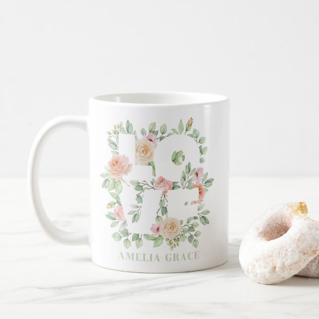 Watercolor Roses and Greenery LOVE Valentine's Day Coffee Mug (With Donut)