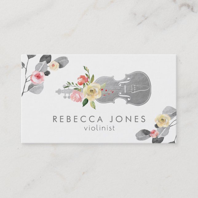 watercolor roses and grey foliage violinist busine business card (Front)