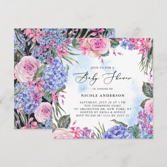 Watercolor Roses and Hydrangeas Baby Shower Invitation (Front/Back)
