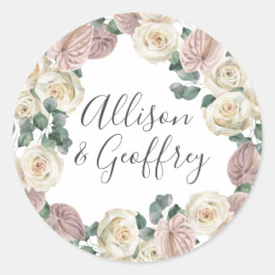 Watercolor Roses and Orchids Personalised Wedding Classic Round Sticker