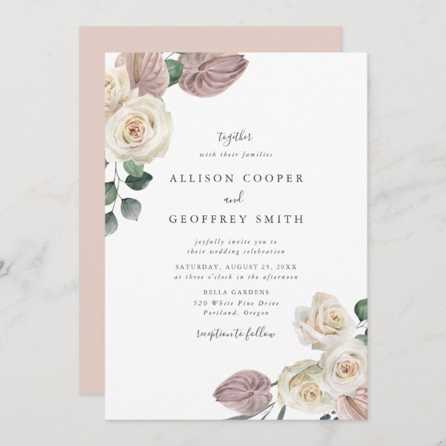 Watercolor Roses and Orchids Wedding Invitation (Front/Back)