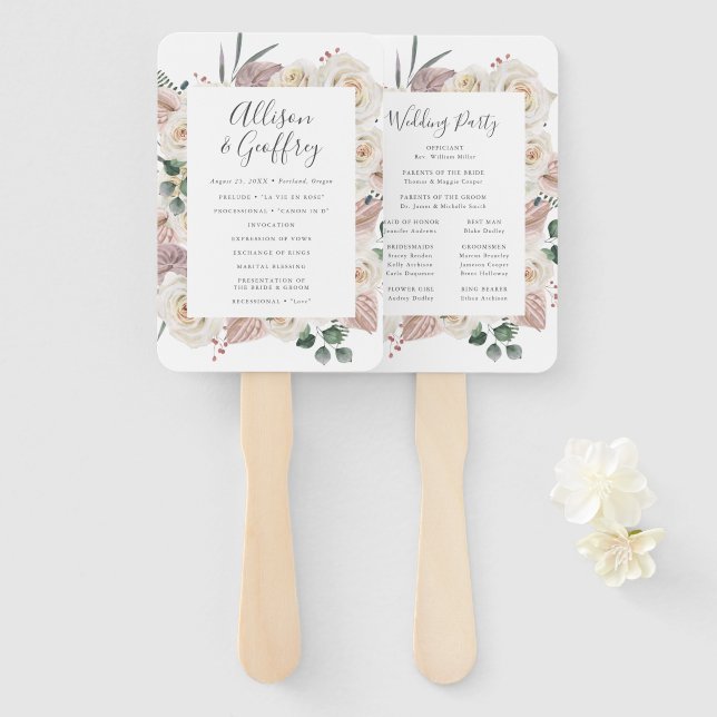 Watercolor Roses and Orchids Wedding Program Hand Fan (Front and Back)