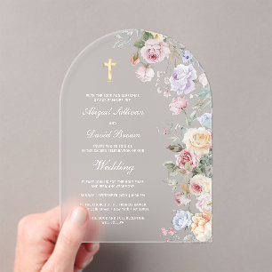 Watercolor Roses Arch Religious Wedding Acrylic Invitations