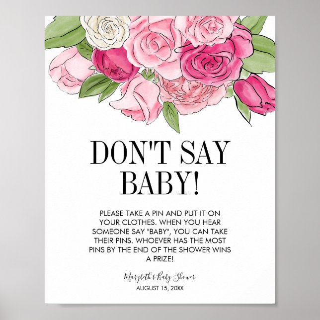 Watercolor Roses Baby Shower Don't Say Baby Game Poster (Front)