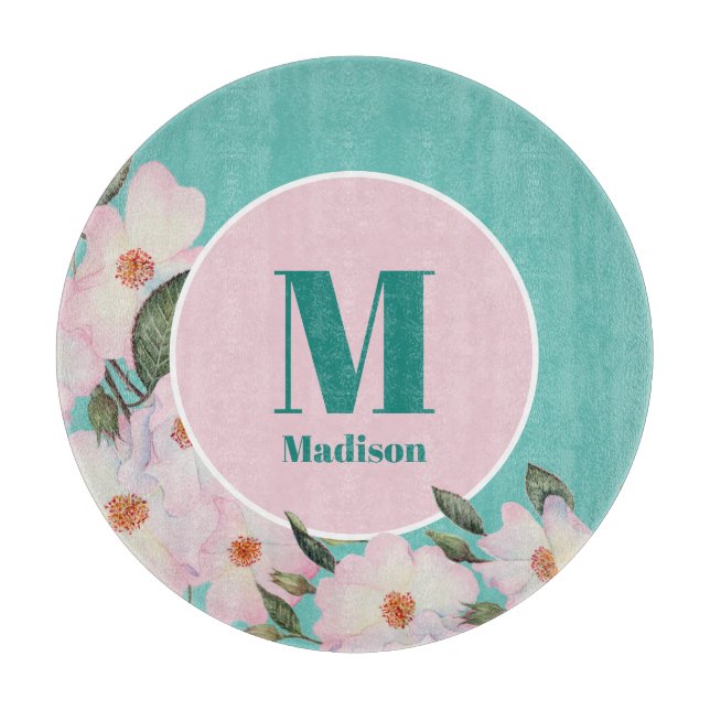 Watercolor Roses Ballerina Floral Monogram Circle Cutting Board (Front)