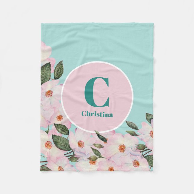 Watercolor Roses Ballerina Floral Monogram Circle Fleece Blanket (Front)
