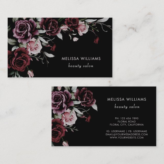 Watercolor Roses Black Background Business Card (Front/Back)