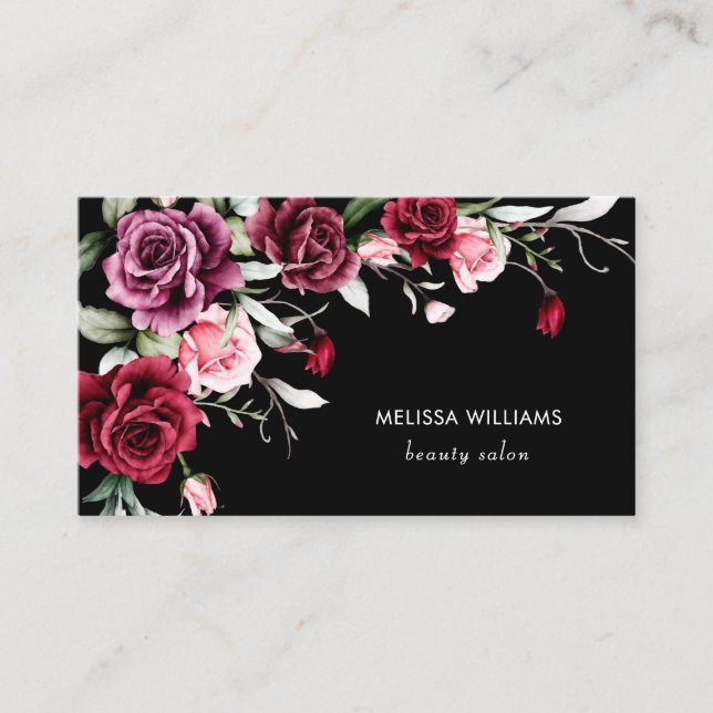 Watercolor Roses Black Background Business Card (Front)