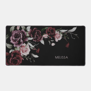 Watercolor Roses Black Background Desk Mat