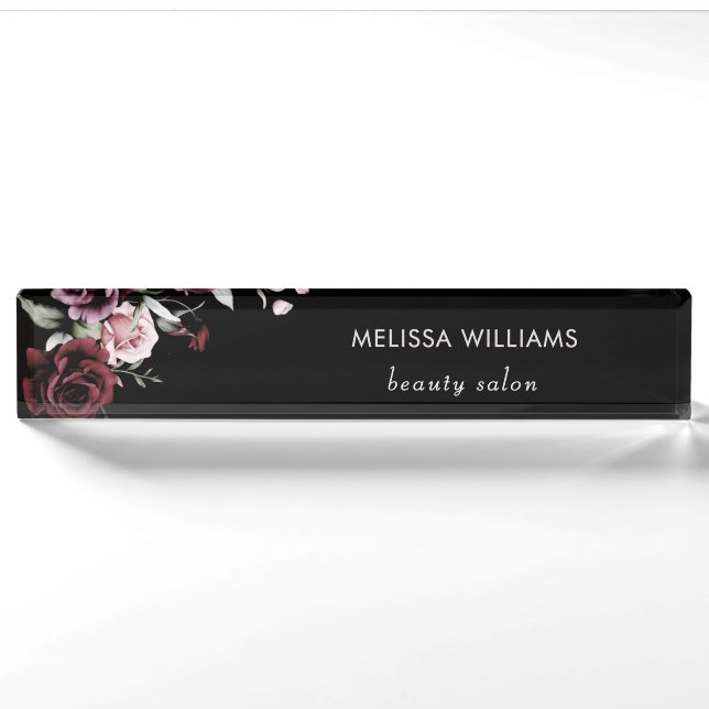 Watercolor Roses Black Background Nameplate (Front)