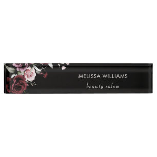 Watercolor Roses Black Background Nameplate