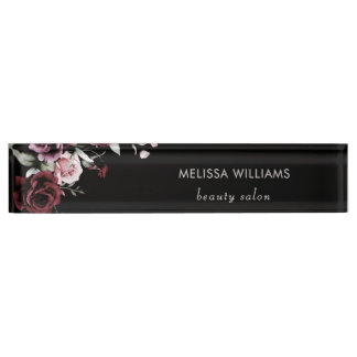 Watercolor Roses Black Background Nameplate