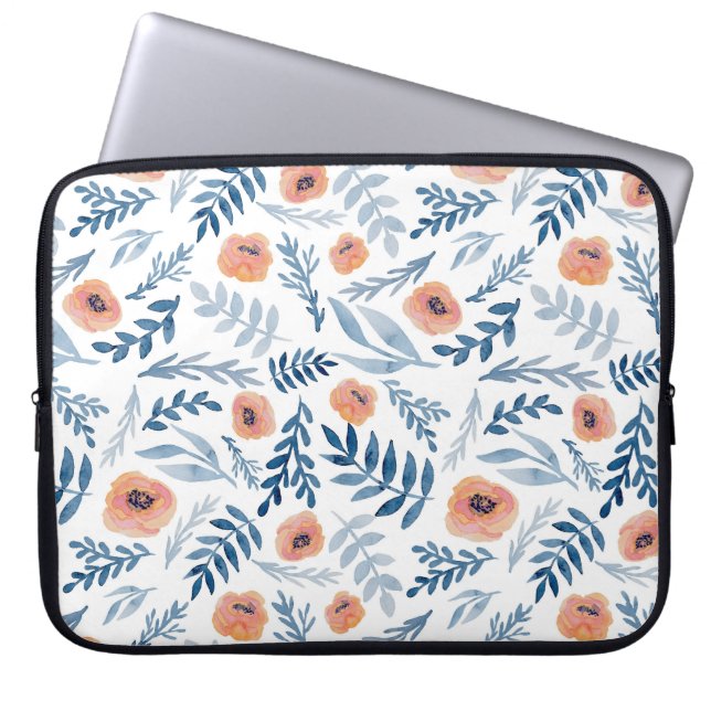 Watercolor Roses: Blue Leaves Seamless Laptop Sleeve (Front)