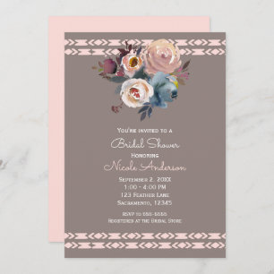 Watercolor Roses Boho Pink Taupe Bridal Shower Invitation