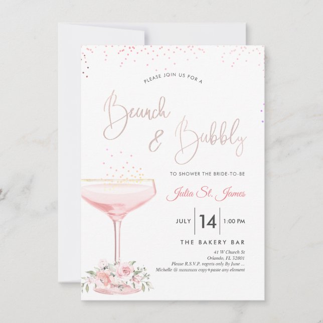 Watercolor Roses Brunch Bubbly Pink Champagne Invitation (Front)