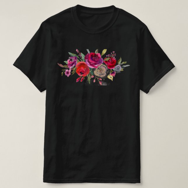 Watercolor Roses Colourful Bouquet of Flowers T-Shirt (Design Front)