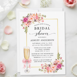 Watercolor Roses Coquette Pink Bow Bridal Shower Invitation