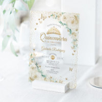 Watercolor Roses Cream Gold Floral Quinceanera