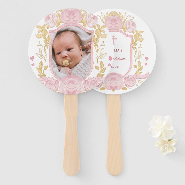 Watercolor Roses Crest Baptism Hand Fan (Front and Back)