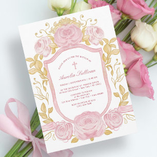 Watercolor Roses Crest Baptism Invitation