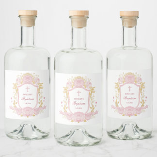 Watercolor Roses Crest Baptism Liquor Labels