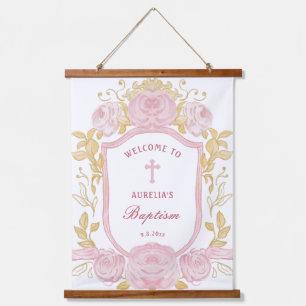 Watercolor Roses Crest Baptism Welcome Hanging Tapestry