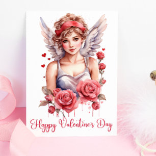 Watercolor Roses Cupid Happy Valentines Day  Card