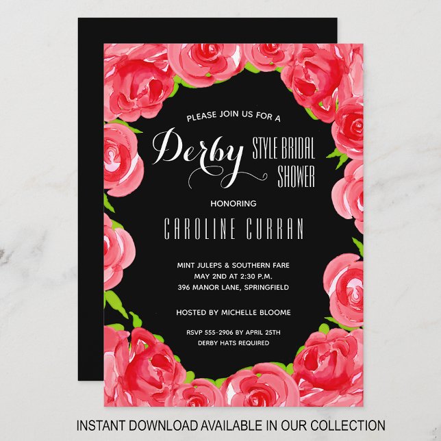Watercolor Roses Derby Bridal Shower Invitations (INSTANT DOWNLOAD available in our collection to send your invitations digitally.)