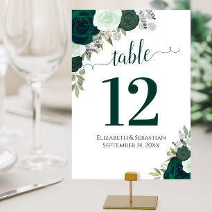 Watercolor Roses Elegant Emerald Green Wedding Table Number
